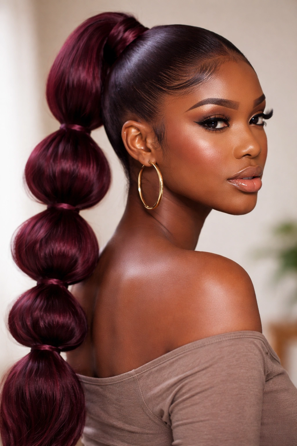 Bubble ponytail in burgundy with evenly sized segments