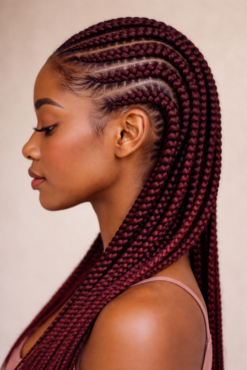 Close-up of burgundy feed-in cornrows with deep red-brown tones along the scalp
