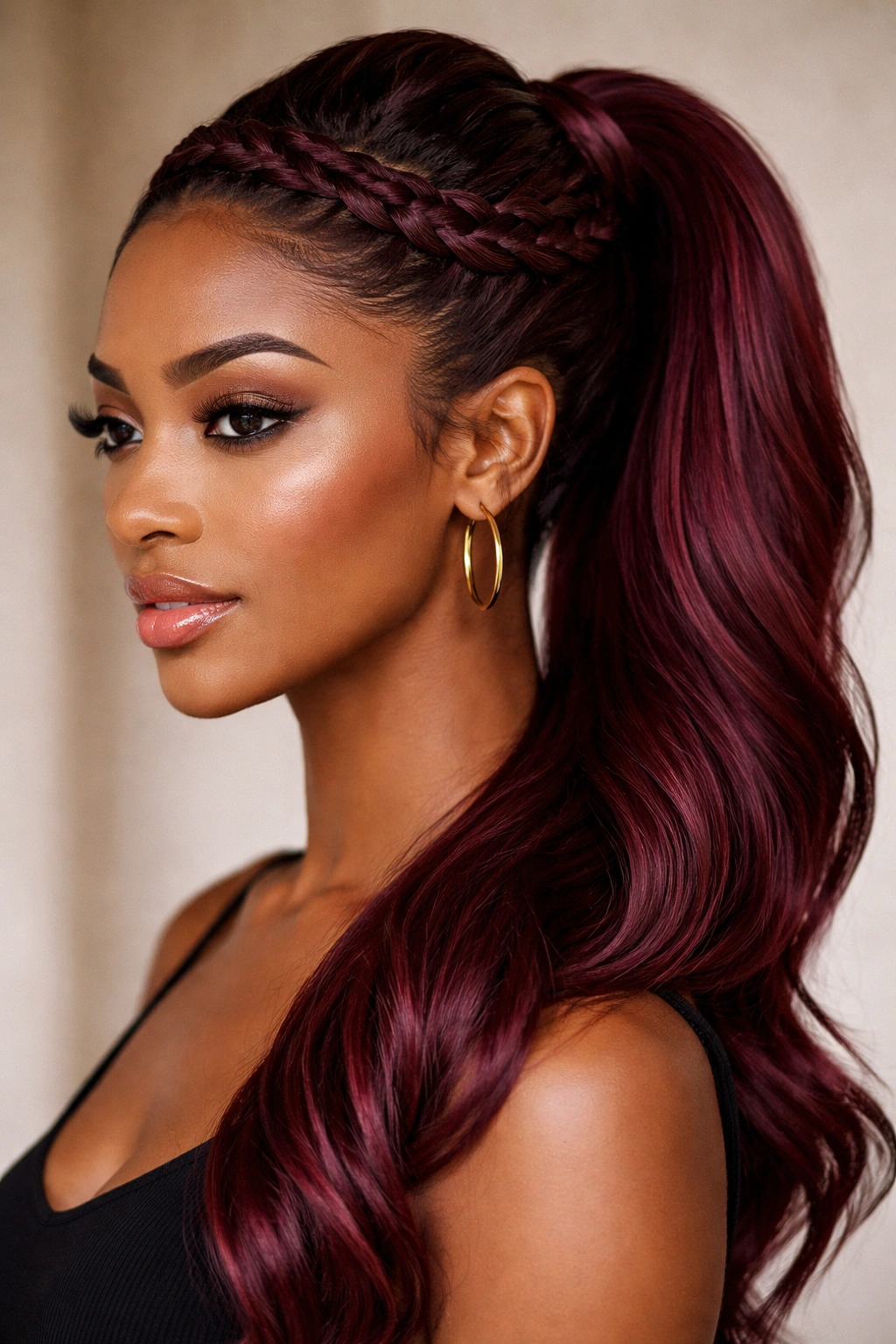 Close-up of burgundy crown braid framing the face and merging into a ponytail
