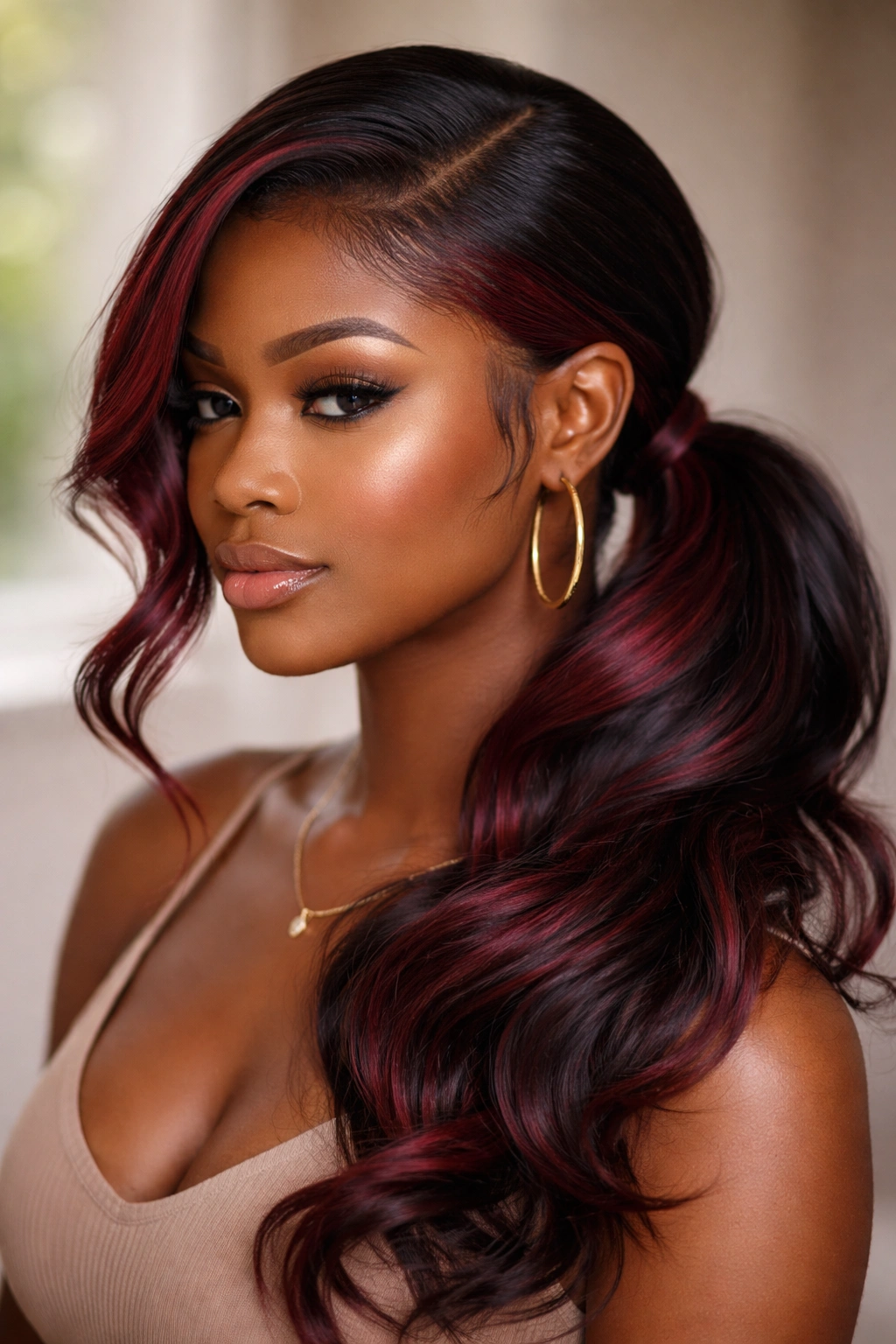 Low side ponytail with burgundy edges framing the face