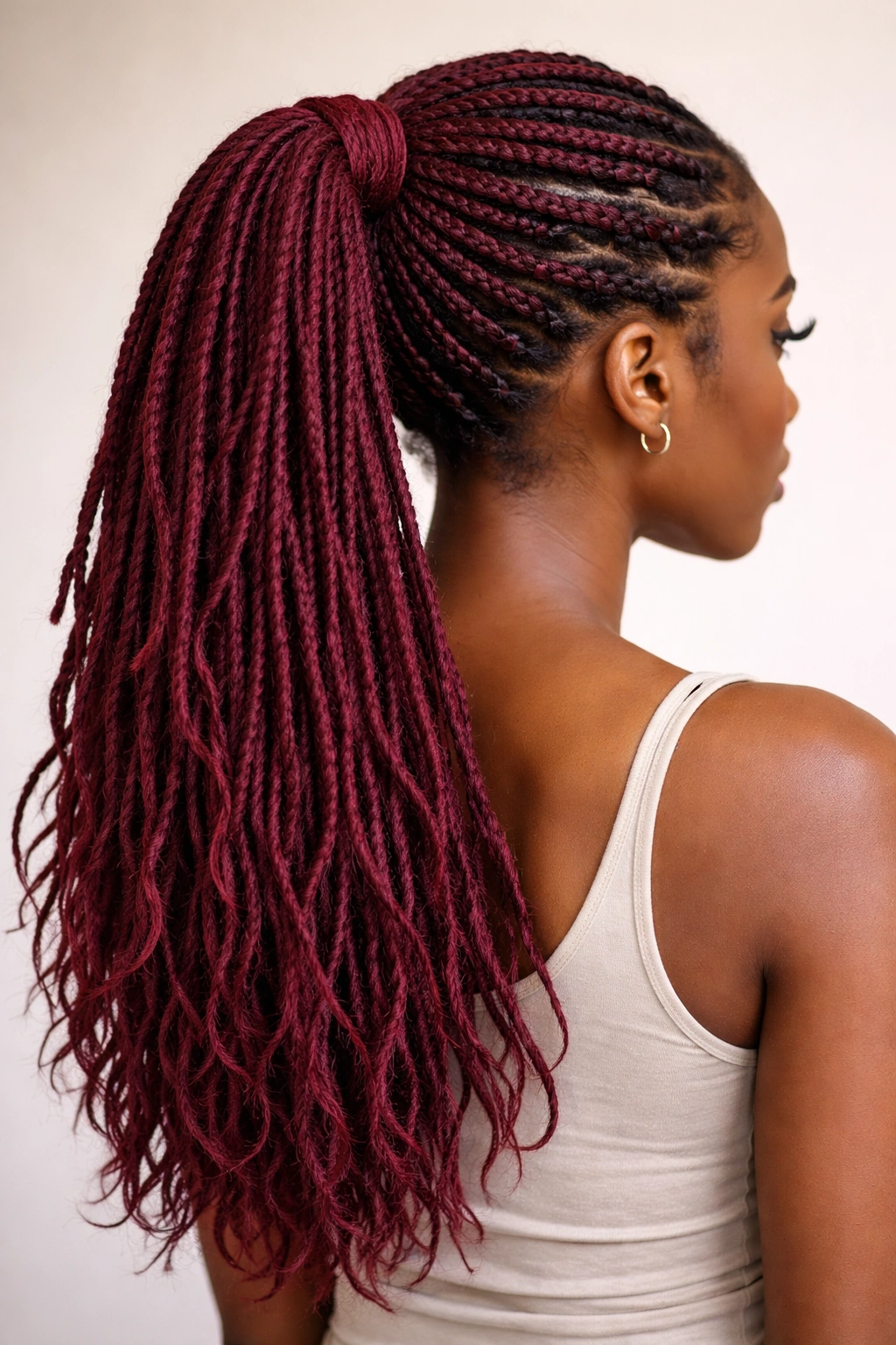 Back view of burgundy faux locs wrapped with burgundy yarn in a ponytail