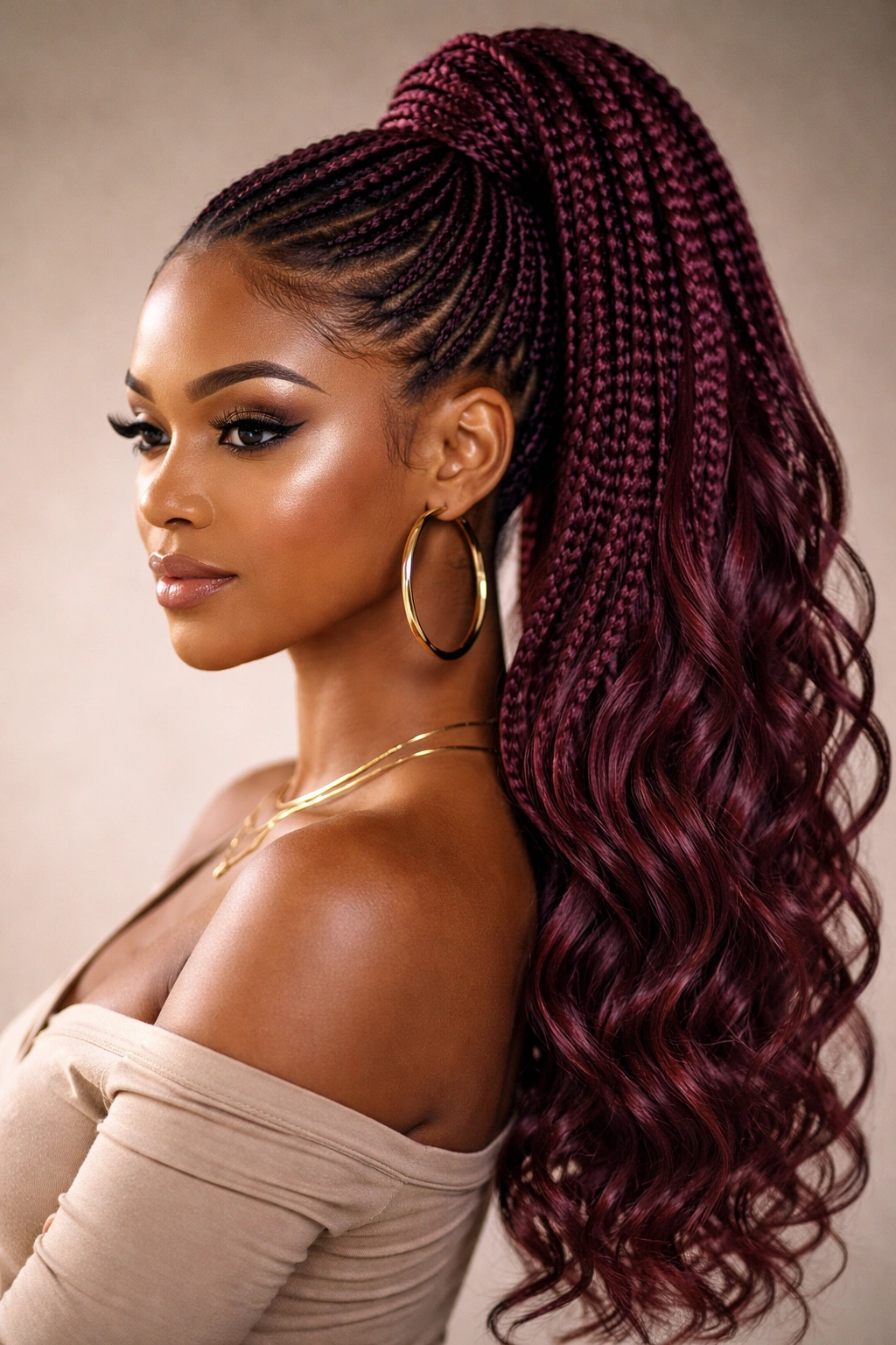 Close-up of burgundy goddess braids in a high ponytail with glossy finish
