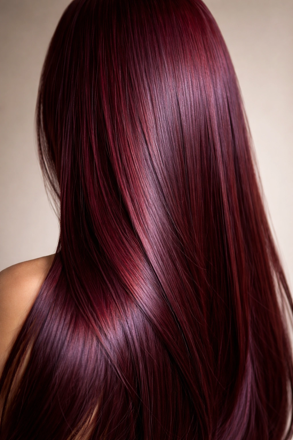Close-up of straight hair in Rich Burgundy with glossy wine-toned depth