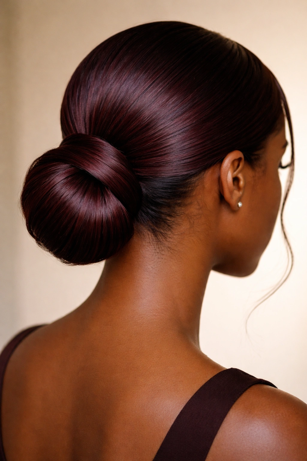 Back view of a burgundy low bun ponytail hybrid at the nape, sculpted and polished