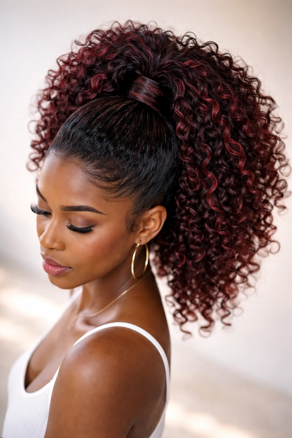 High curly burgundy-highlighted ponytail showcasing textured curls and color variation