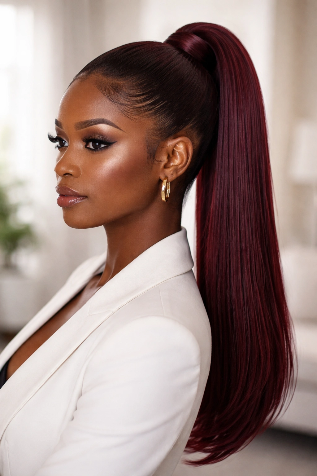Close-up of a high burgundy ponytail with a wrapped base and glossy finish