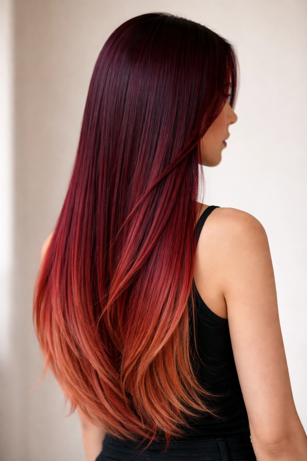 Close-up of straight hair showing burgundy to red ombre with rich saturation