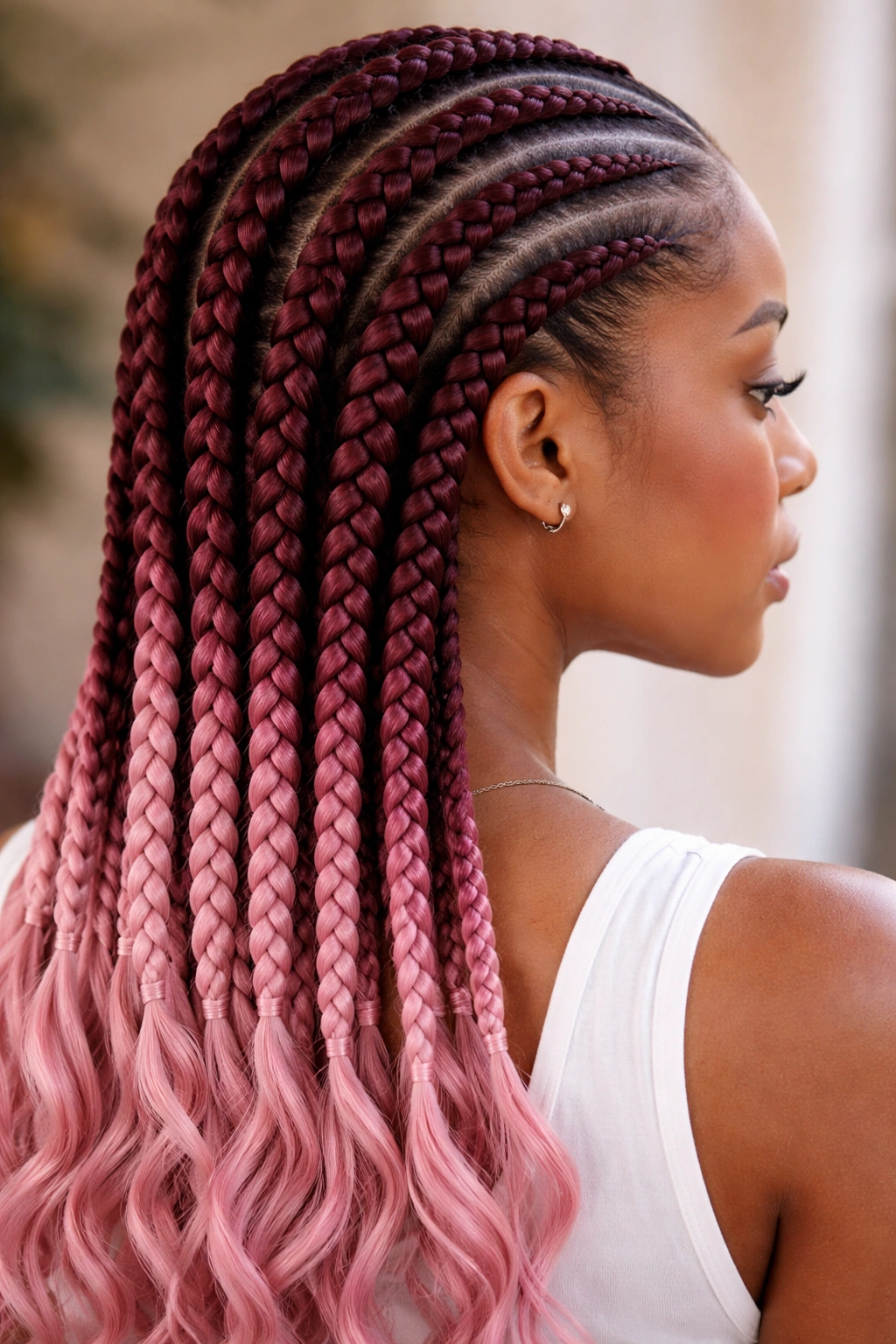 Close-up of burgundy to rose feed-in cornrows with jewel-toned gradient