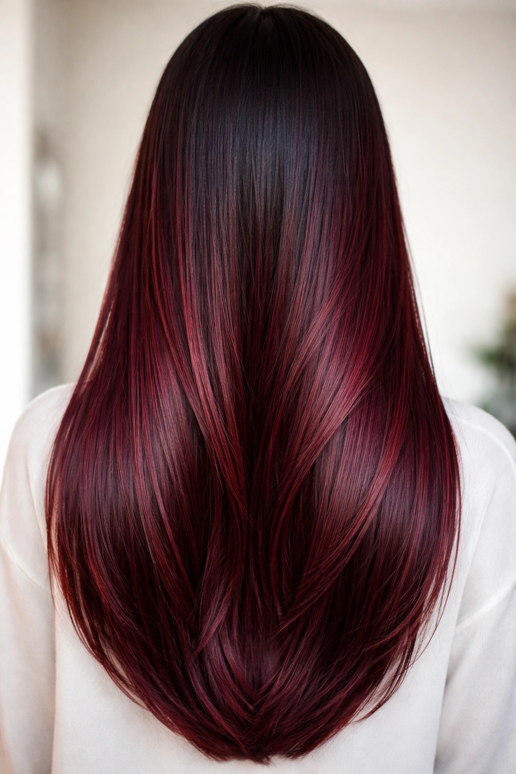Close-up of straight hair with burgundy shadow root balayage showing dark roots and burgundy ends
