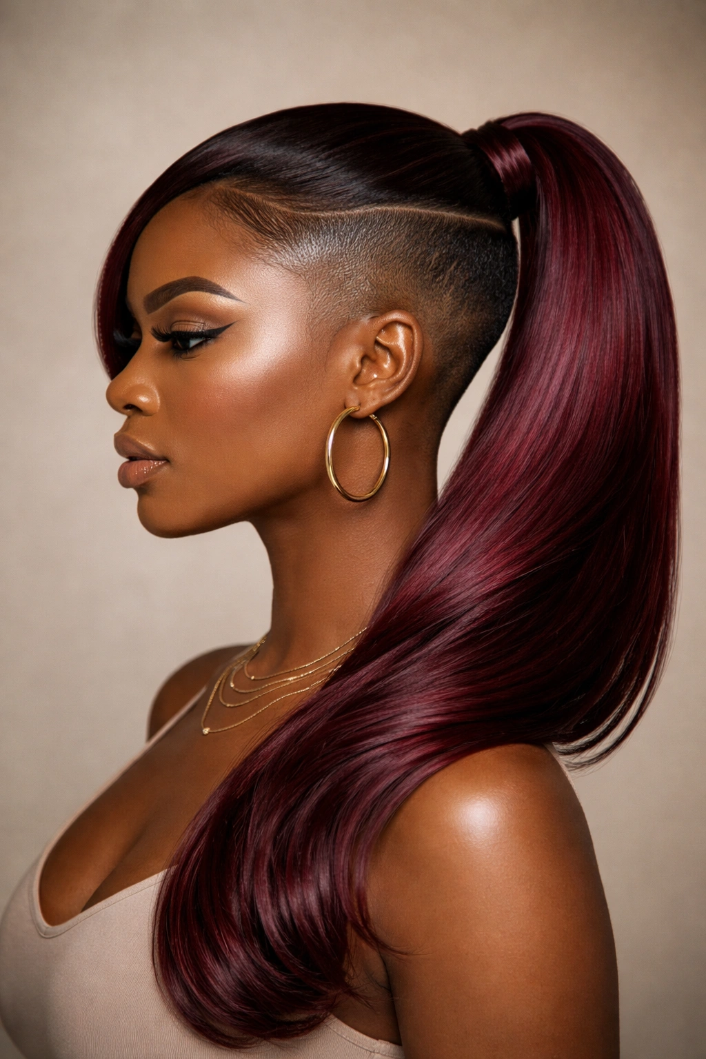 Profile view of burgundy side ponytail with a sharp undercut and full side ponytail