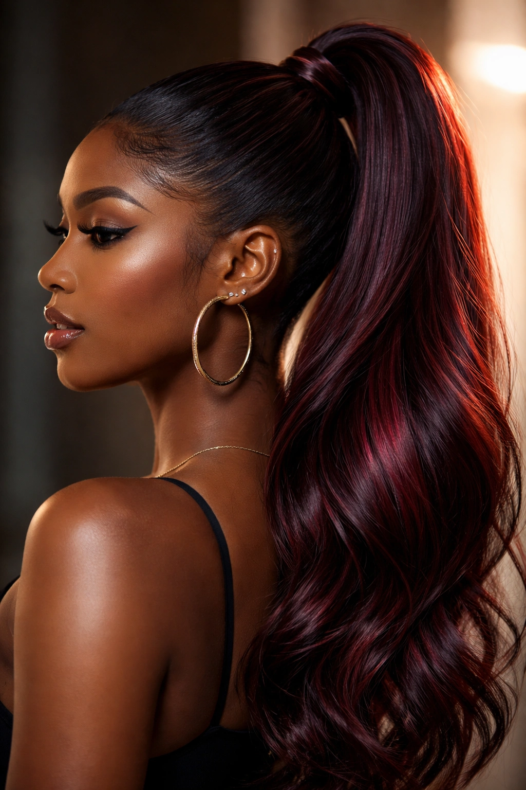 Slicked-back burgundy ponytail showing deeper burgundy under the top layer under lighting