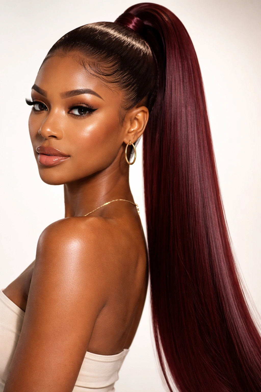 Front view of a glossy burgundy straight high ponytail on pressed hair