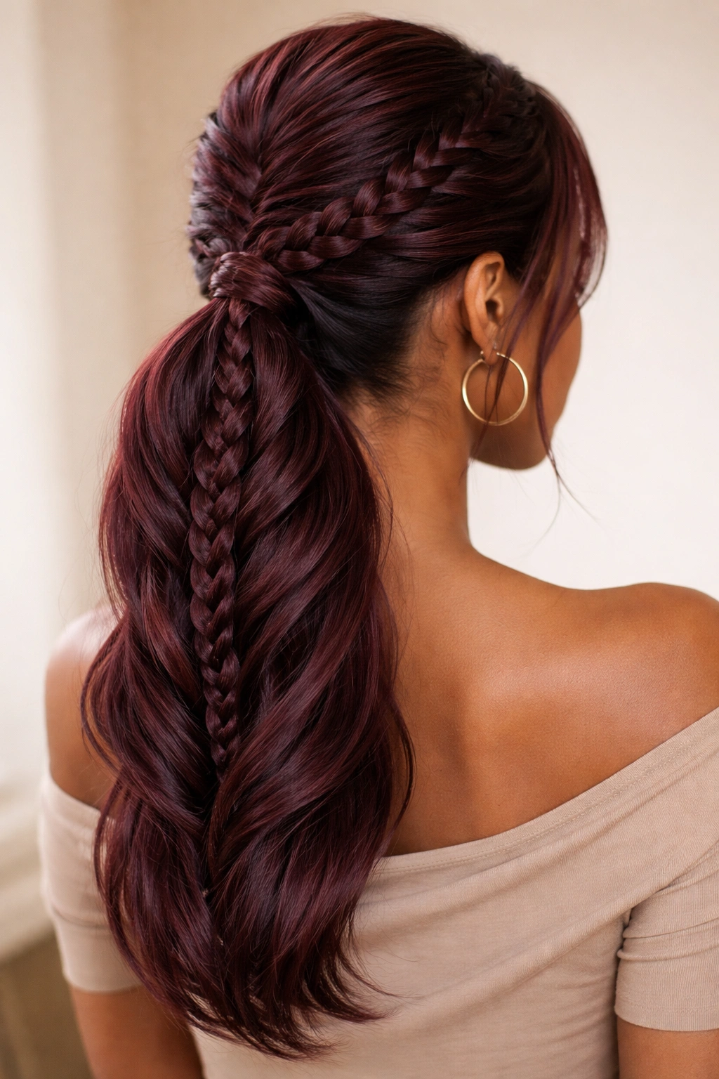 Back view of a twisted braid hybrid burgundy ponytail