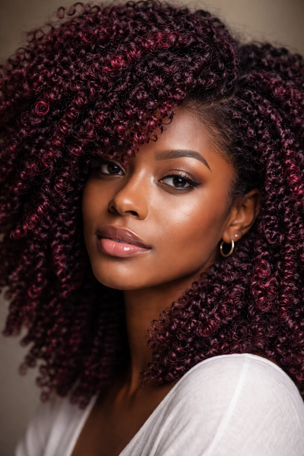 Close-up of coily hair in burgundy wine shade showing jewel-like depth