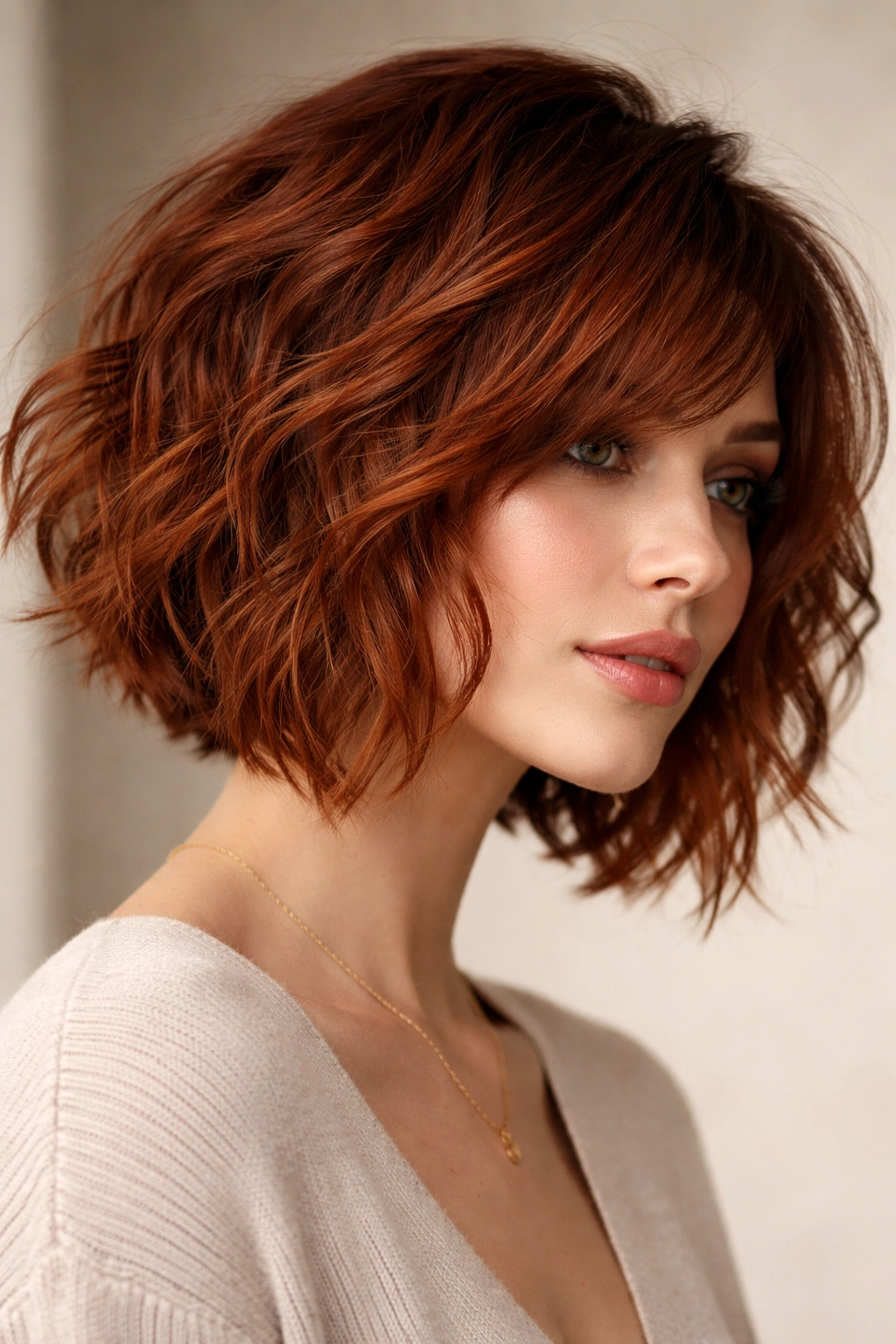 Burnt copper messy textured bob with choppy layers and warm undertones