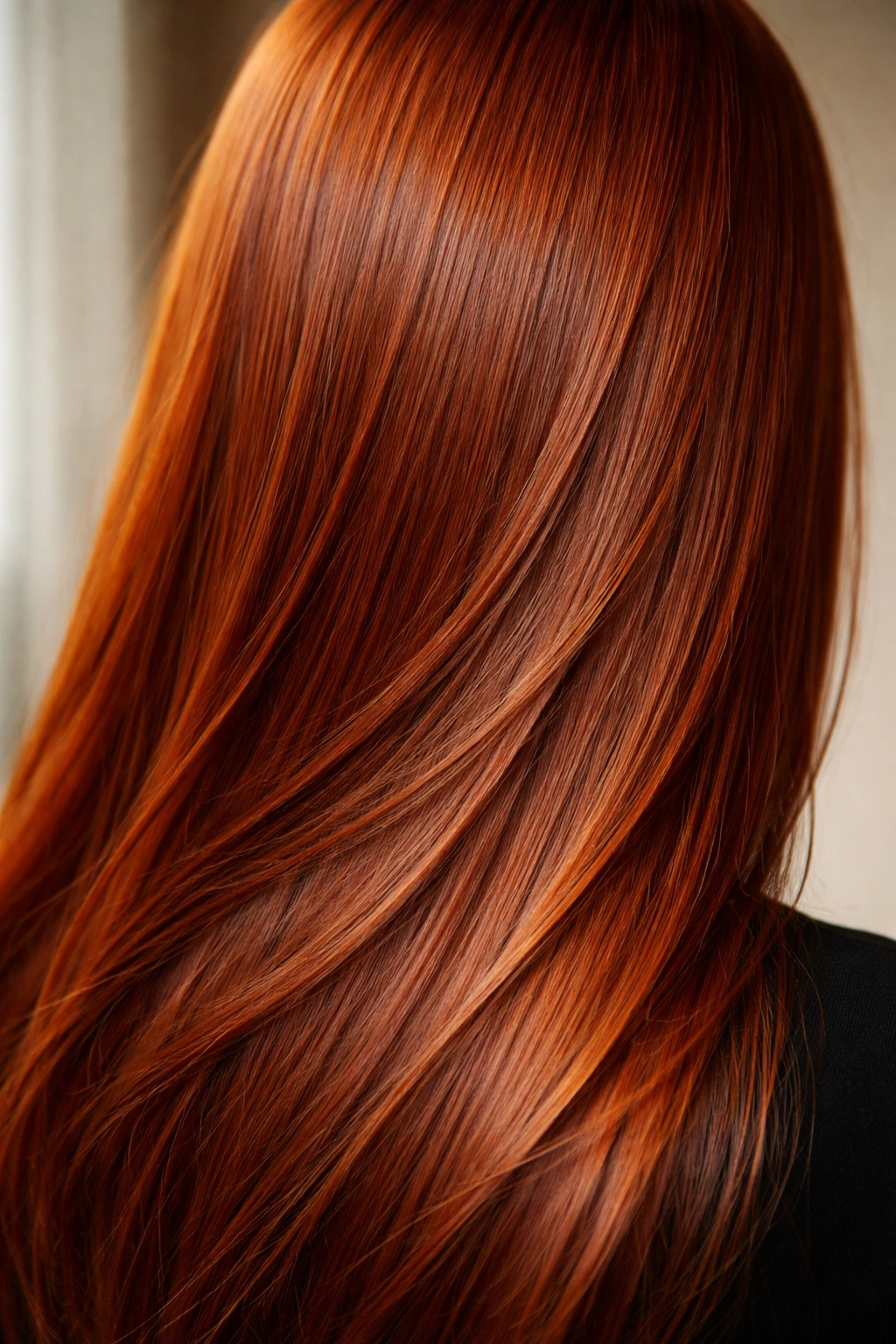 Straight hair in burnt orange copper with terracotta undertones showing depth