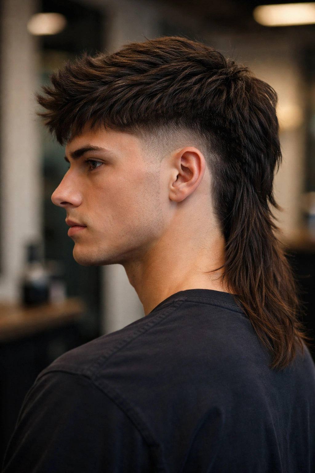 Portrait of a straight-haired model with a tapered burst fade mullet, curved fade around back