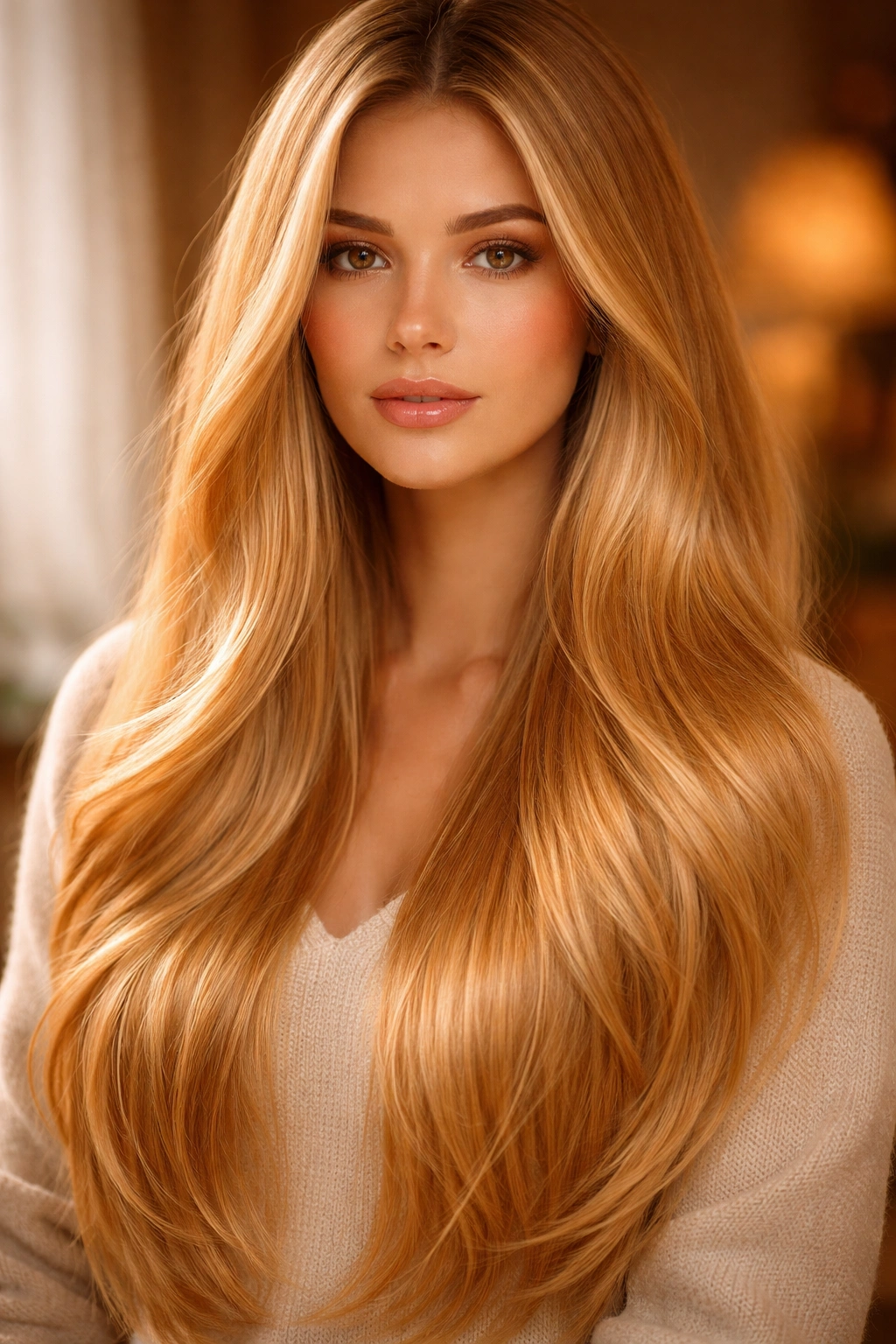 Straight hair with creamy peachy-gold warmth of Butter Honey Blonde