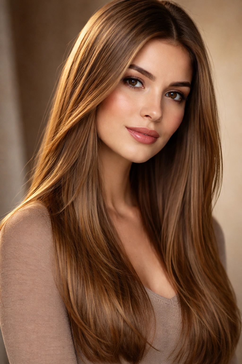 Close-up of straight hair in Butter Pecan Brown with warm golden peach undertones