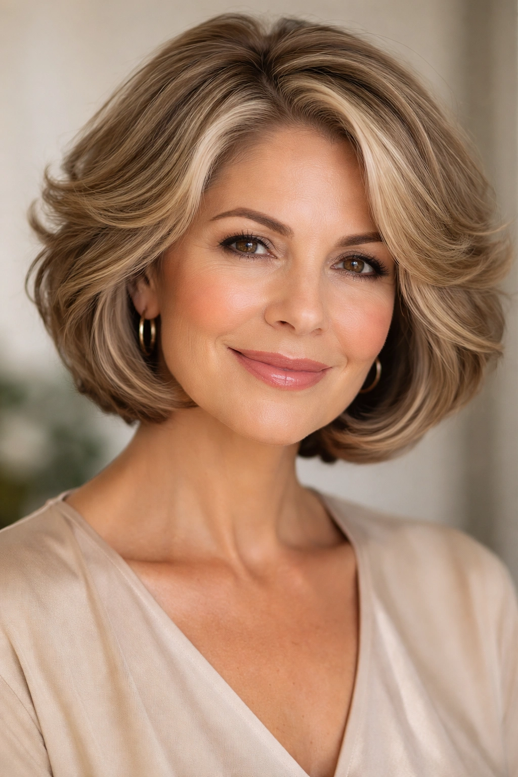 Close-up of a woman with a soft wave butterfly bob hairstyle featuring a voluminous crown