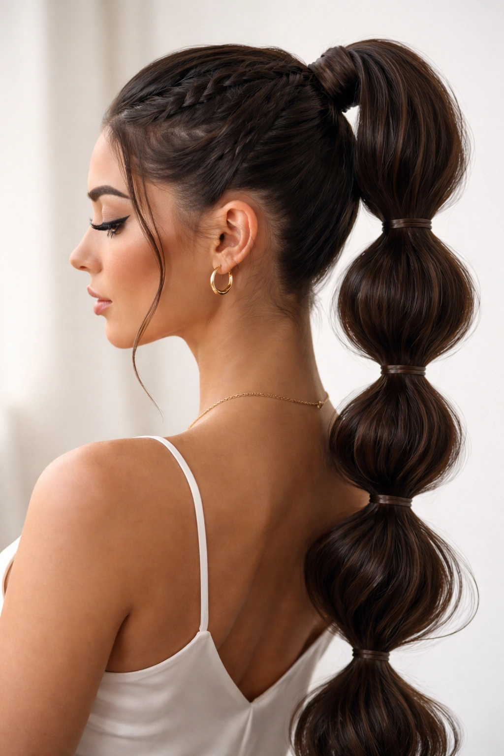 Side-view close-up of butterfly braid transitioning to a bubble ponytail