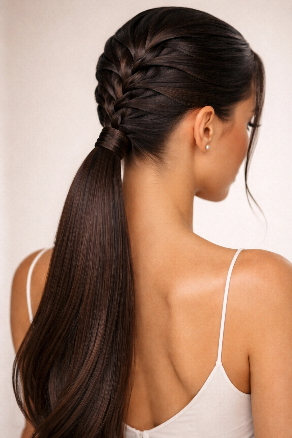 Sleek butterfly braid with hidden elastics creating seamless transition to ponytail