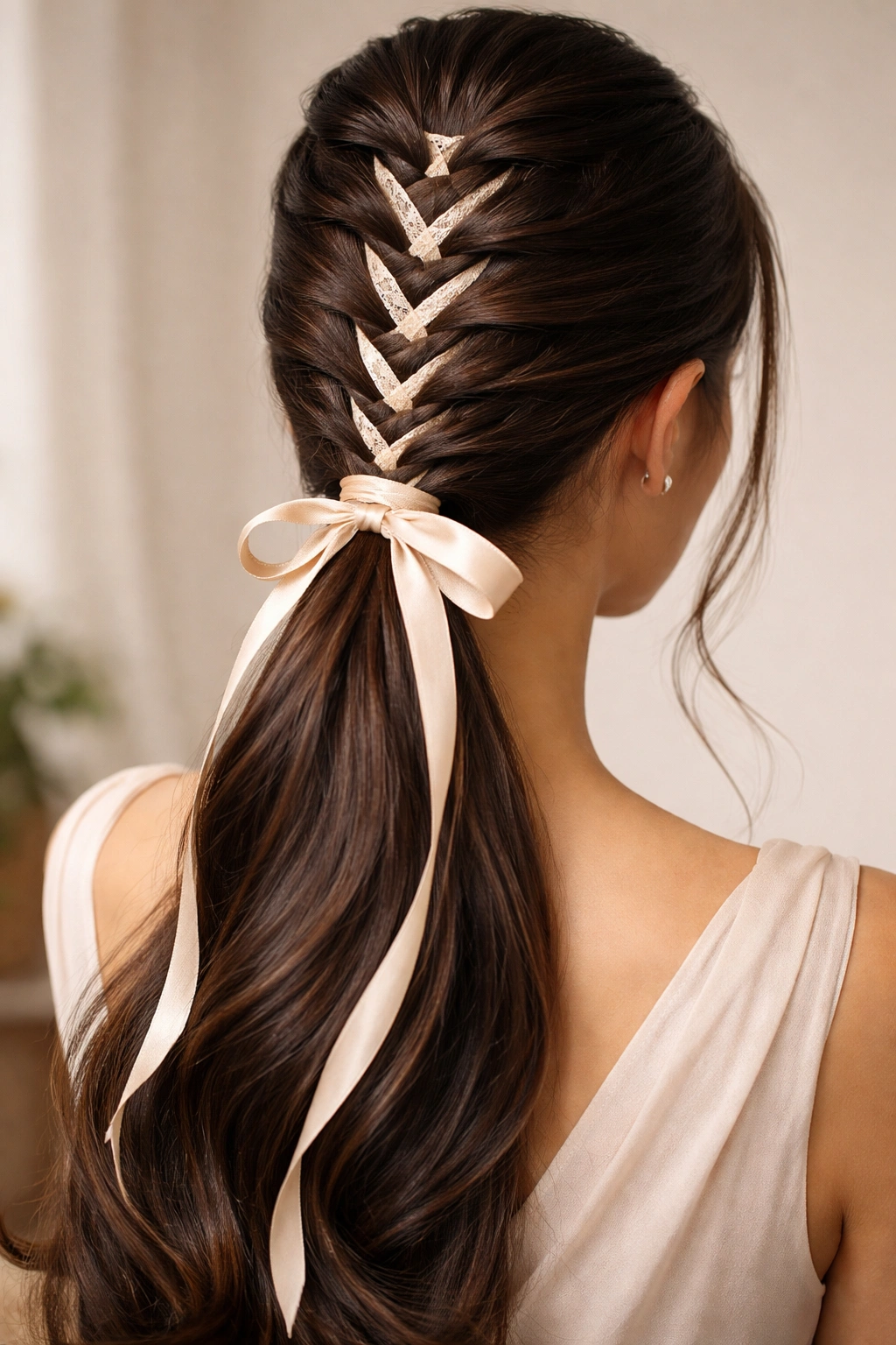 Close-up of butterfly braid ponytail with satin ribbon woven through braid