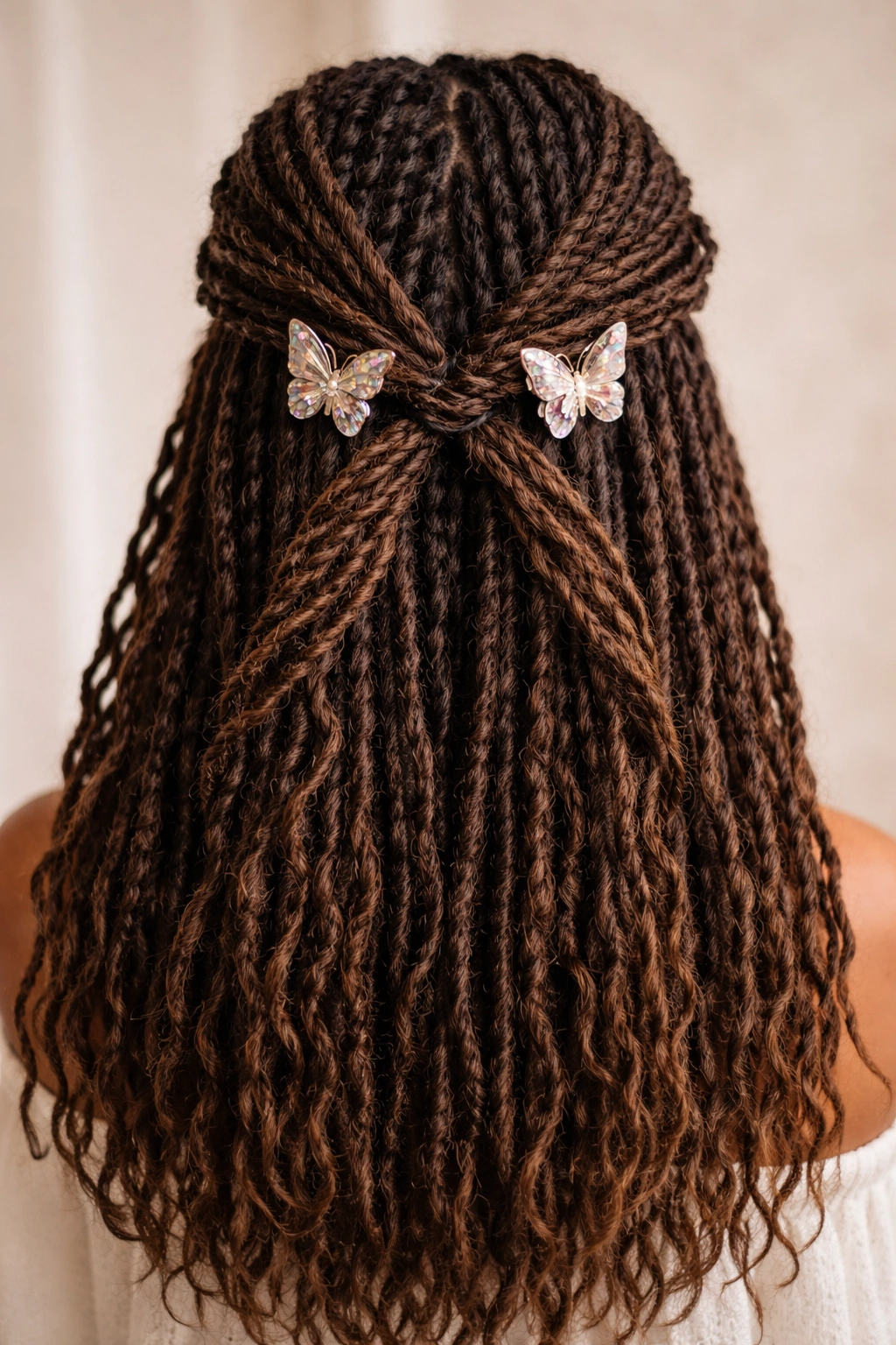 Back view of locs with two twisted sections crossing and clipped at the center