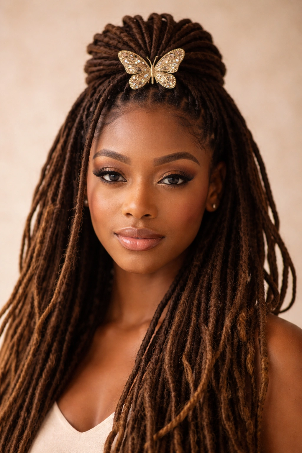 Close-up of a single butterfly clip at the crown of locs in a half-up half-down style