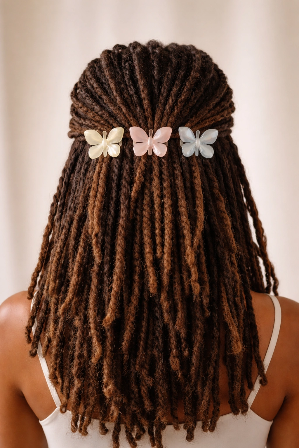 Back view of locs with three large butterfly clips securing the half-up sections