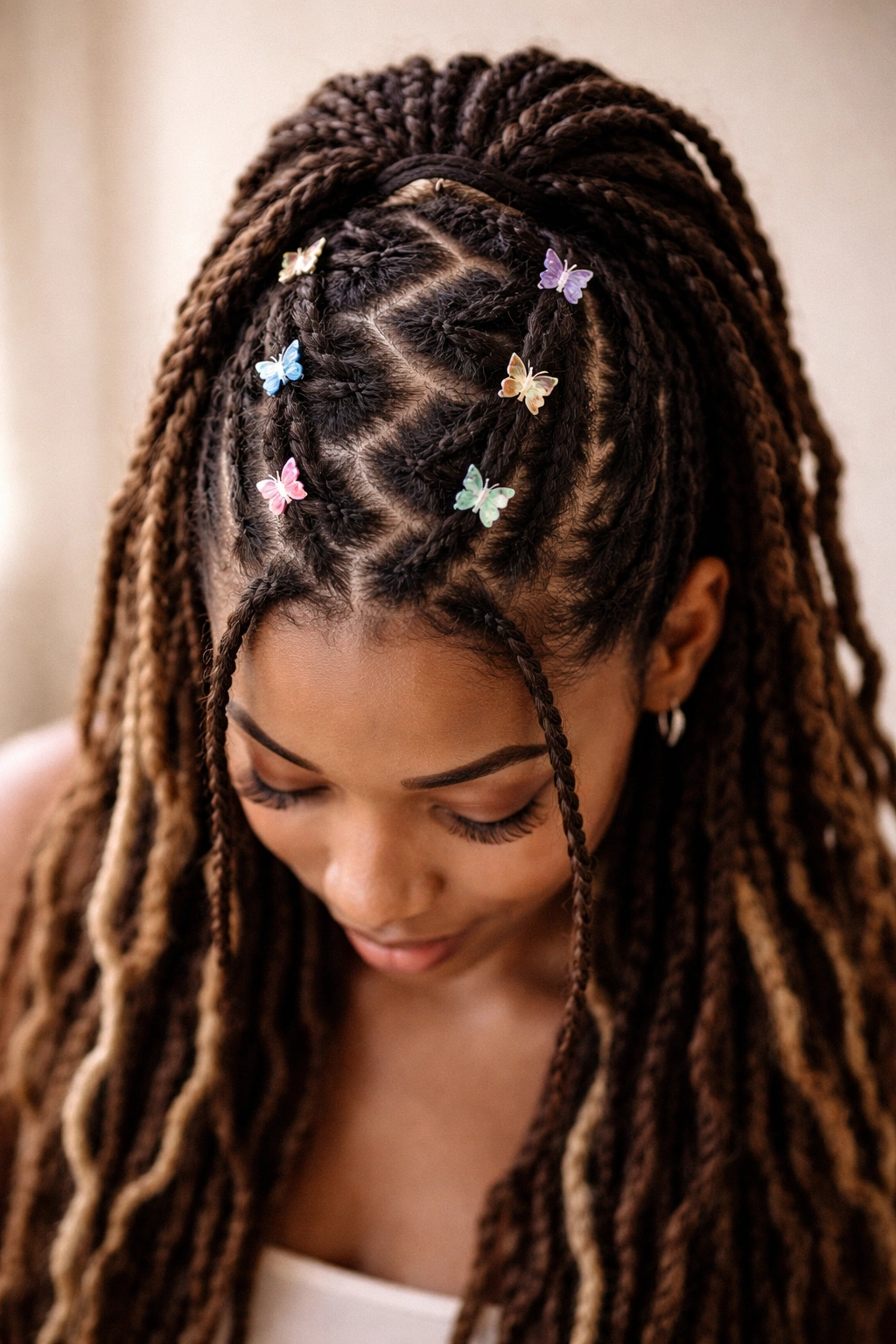 Top-down view of zigzag parting with butterfly clips securing the half-up section