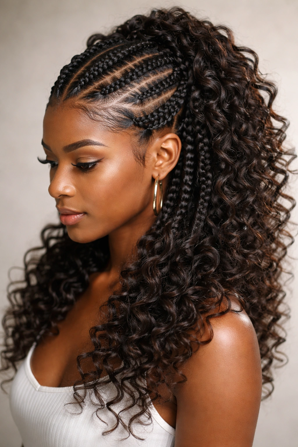Butterfly cornrows with curls and crochet hook braids
