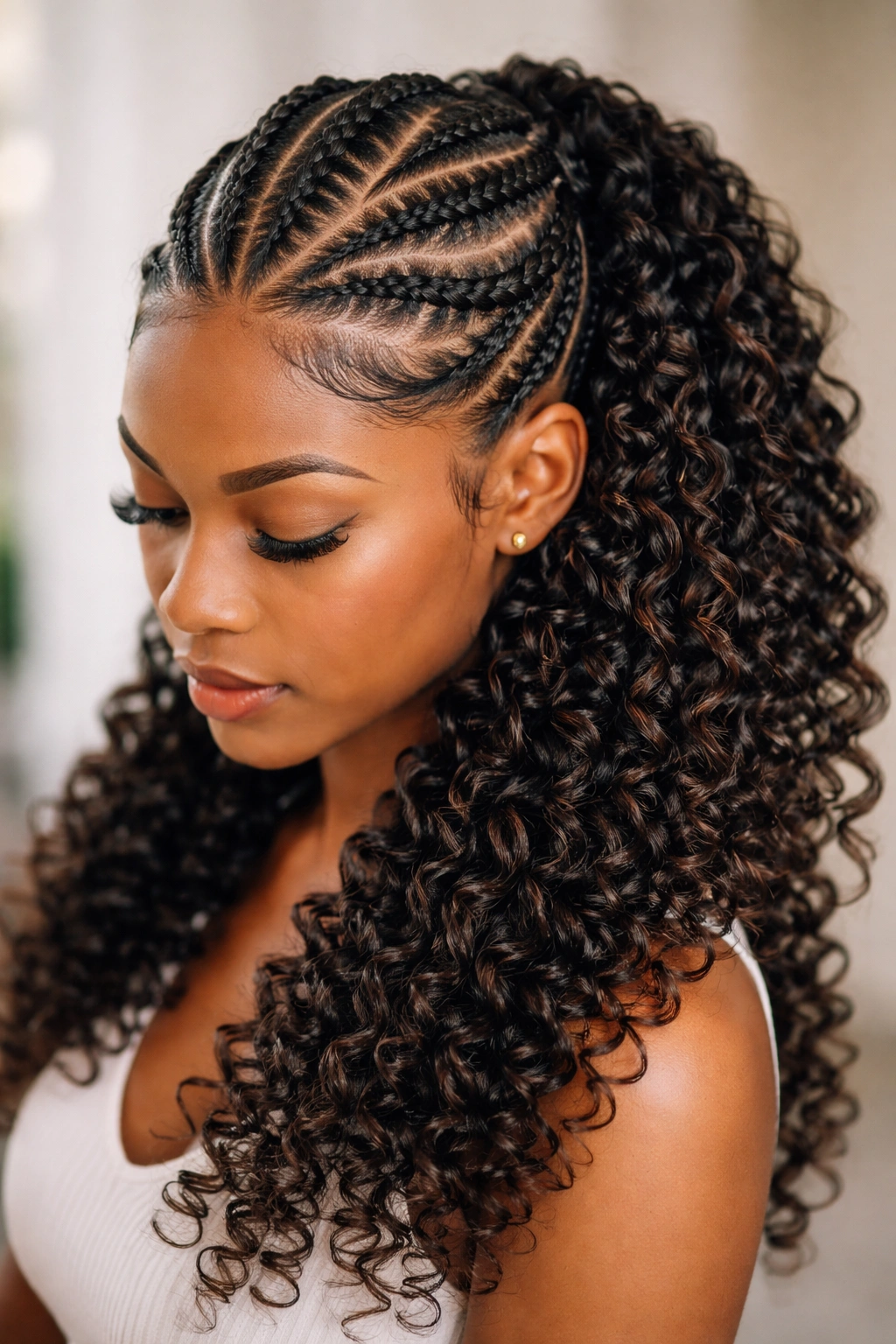 Close-up of classic butterfly cornrows with spiral curls on a model's head