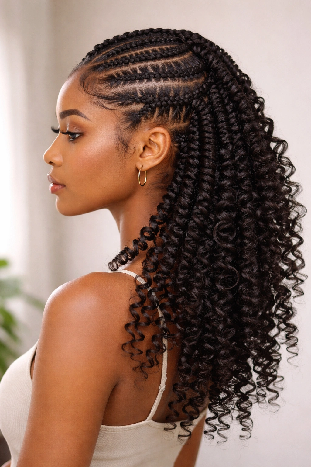 Butterfly cornrows with spring twist curls in profile