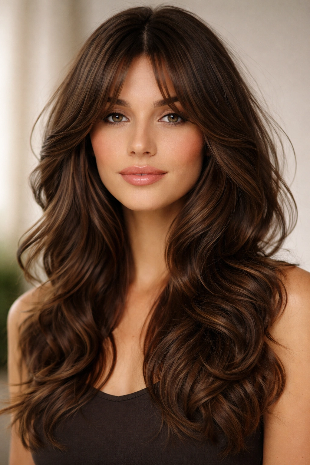 Close-up of a model's wavy hair with curtain bangs and butterfly layers framing the face.