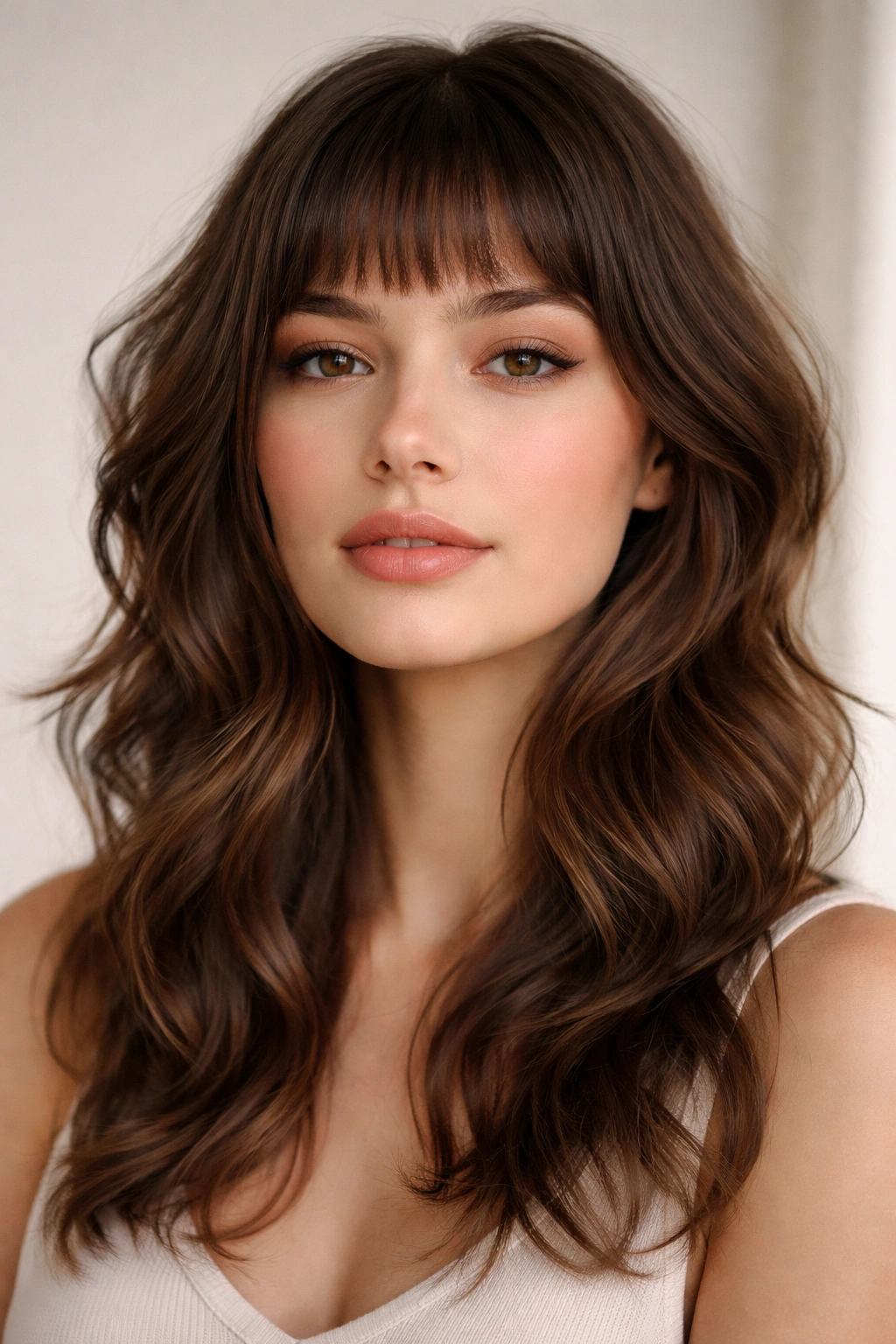 Wavy hair with minimalist butterfly cut and microfringe above the eyebrows