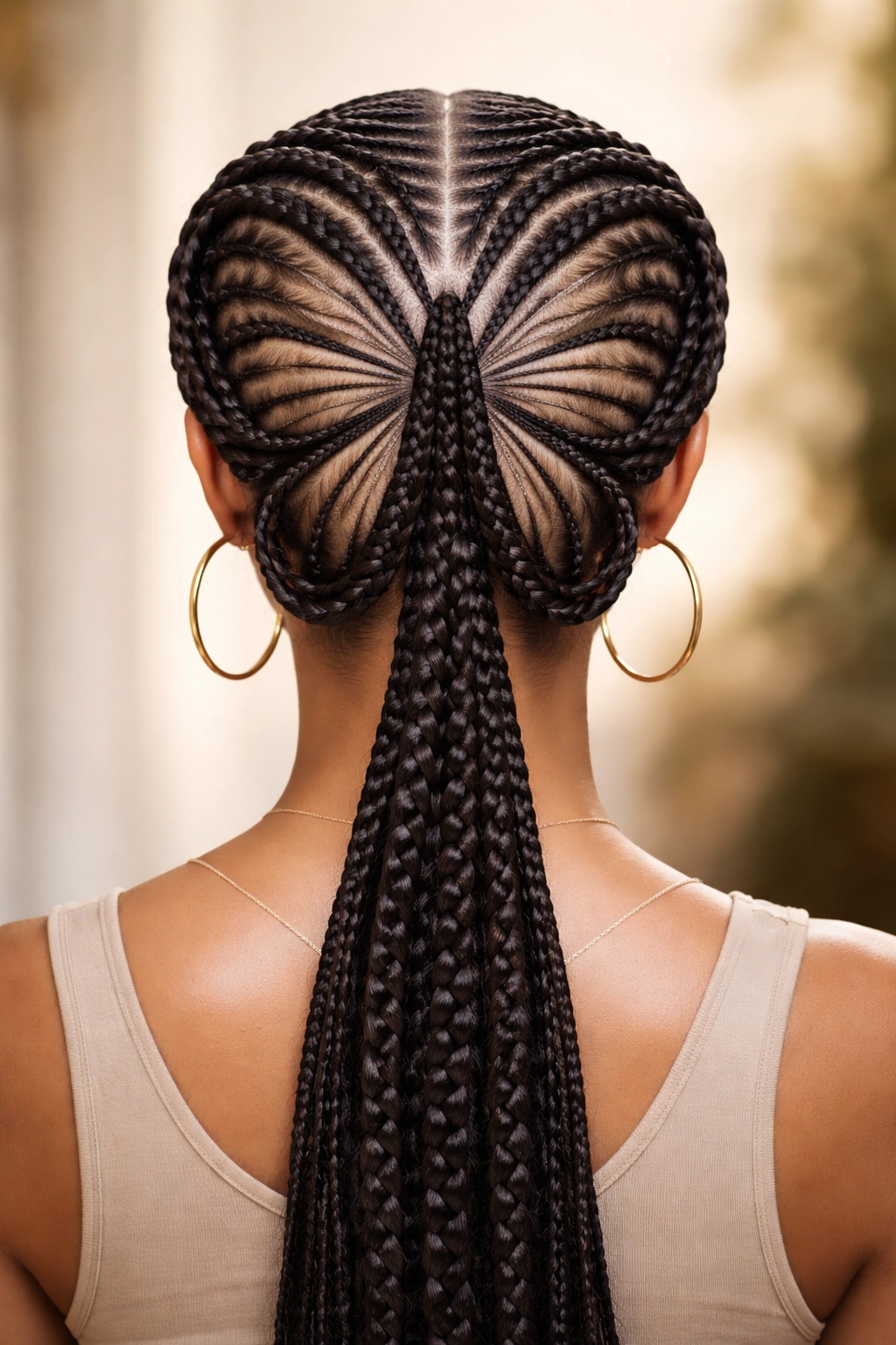 Butterfly-shaped feed-in cornrows forming winged pattern on the scalp