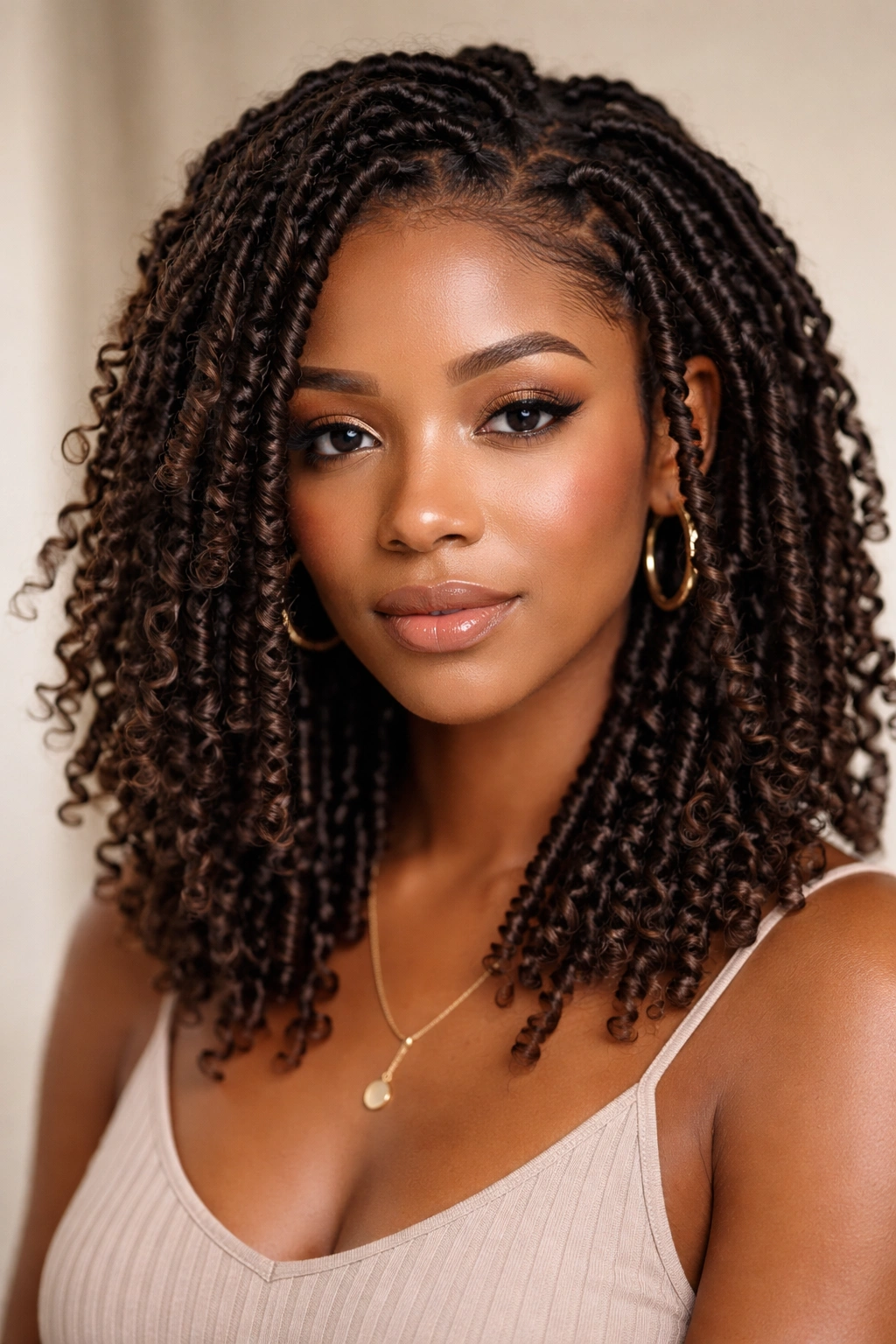 Bust shot of butterfly locs with exposed coils creating texture