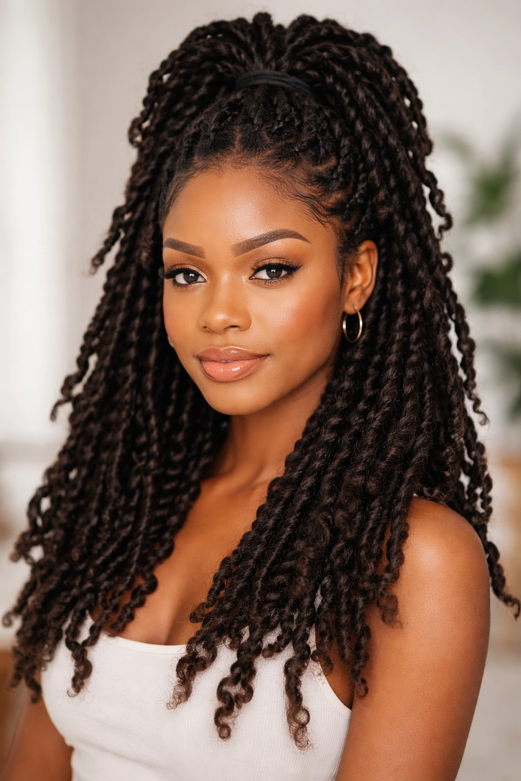 Butterfly locs half-up with minimal hardware such as a single elastic