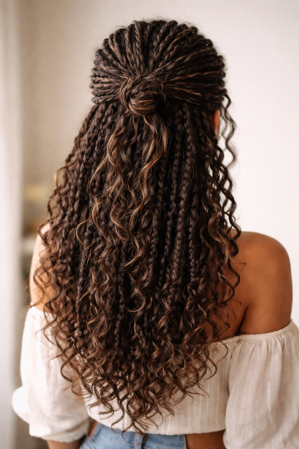 Butterfly locs half up knot with loose curls flowing