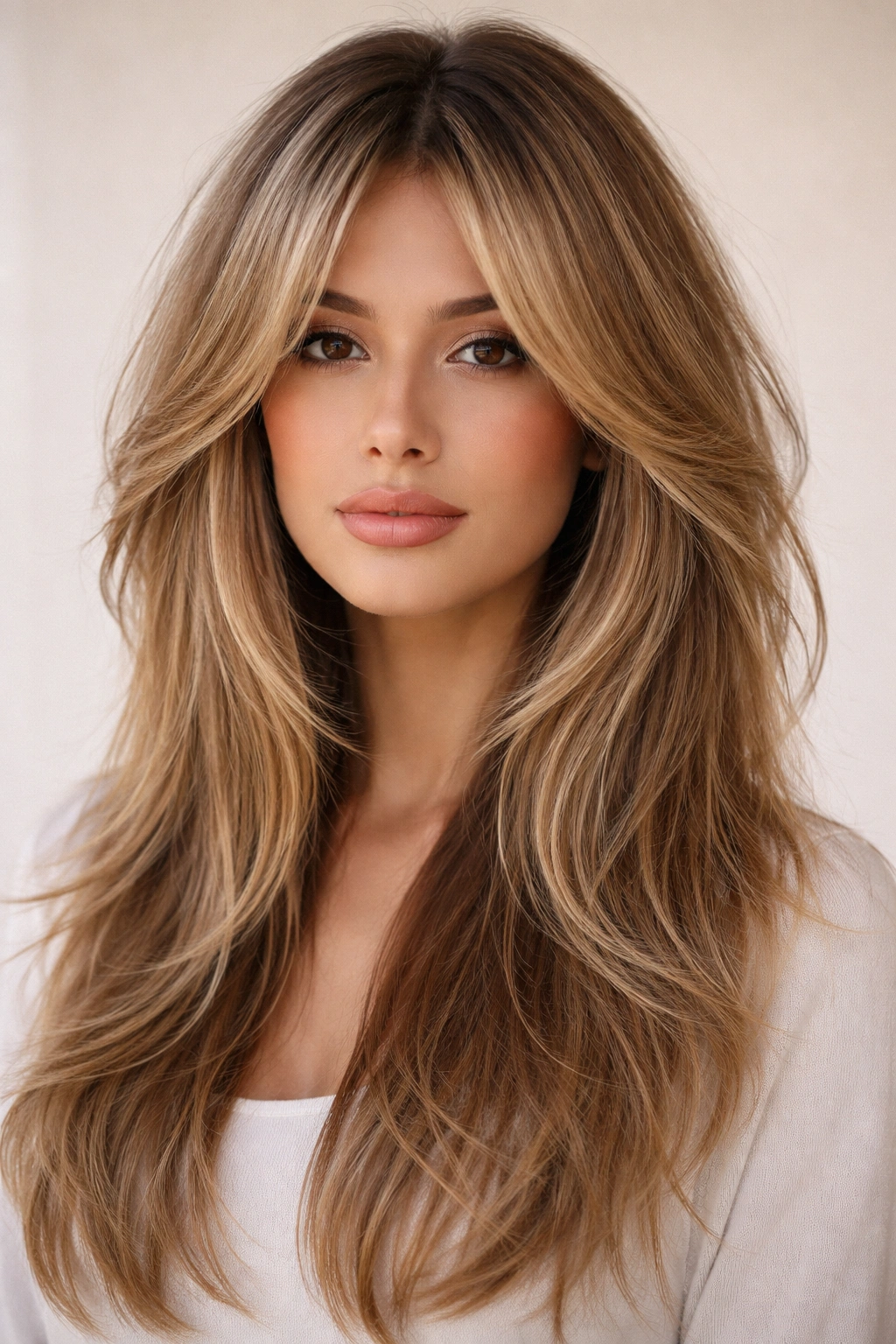 Textured butterfly shag with short crown layers on straight hair