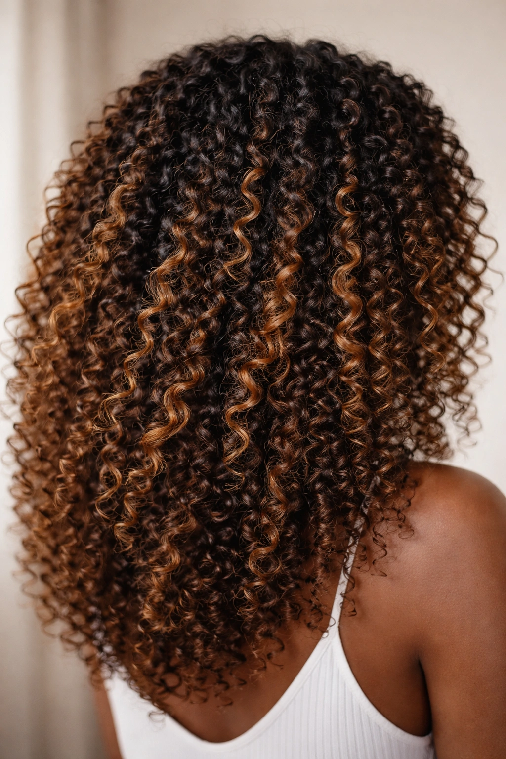 Close-up of coily hair with warm caramel balayage ribbons on tight curls