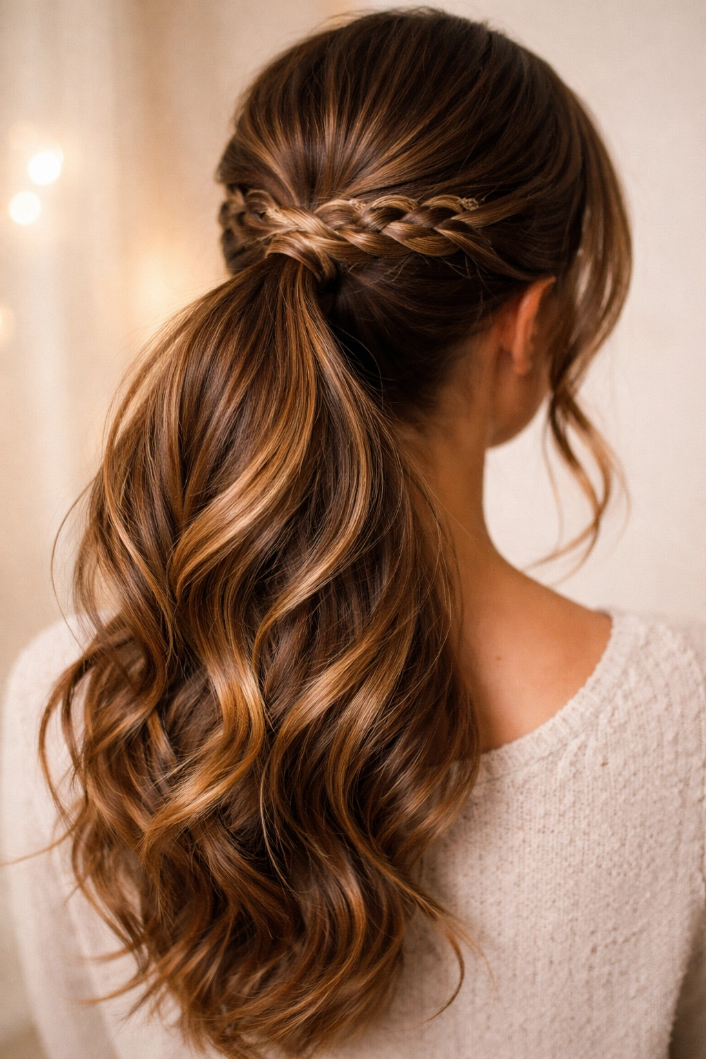 Back-of-head view of caramel balayage ponytail with lace braid in warm studio light
