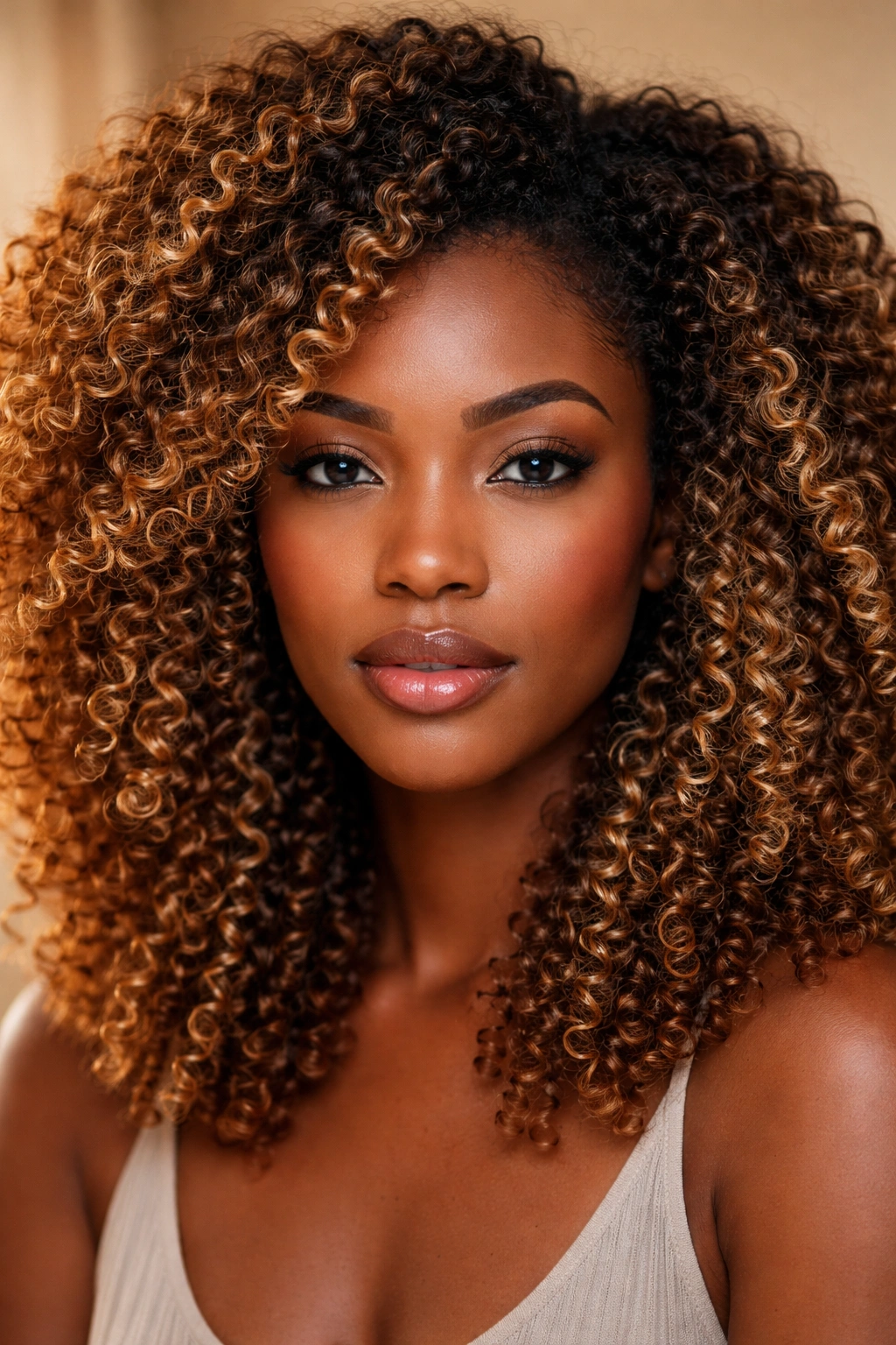 Close-up of coily hair in caramel blonde with warm caramel tones