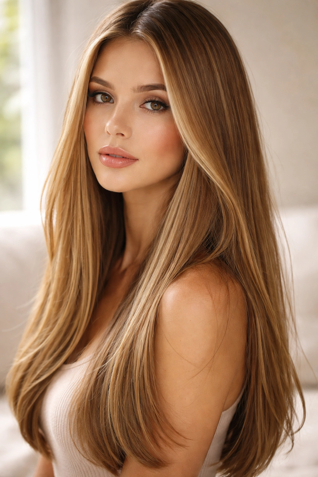 Straight hair in caramel bronde with caramel highlights and bright glow.