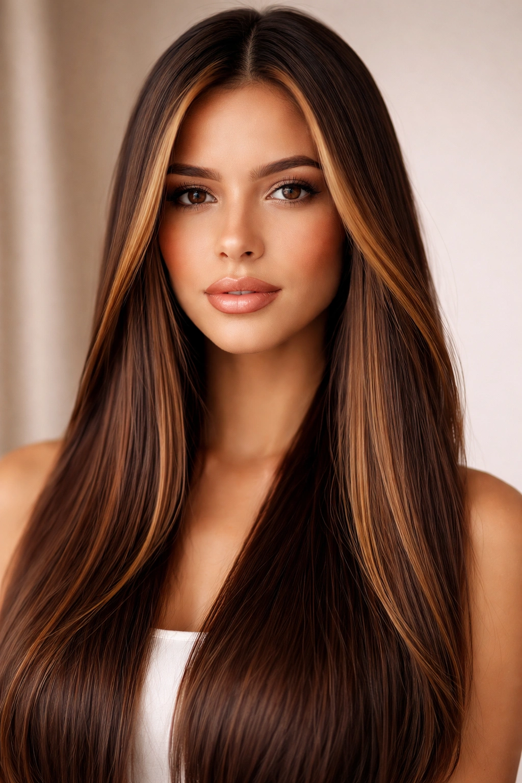 Caramel brown money piece highlights on straight hair in studio lighting