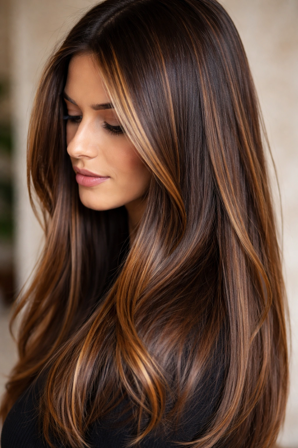 Close-up of straight hair with caramel highlights adding dimension.