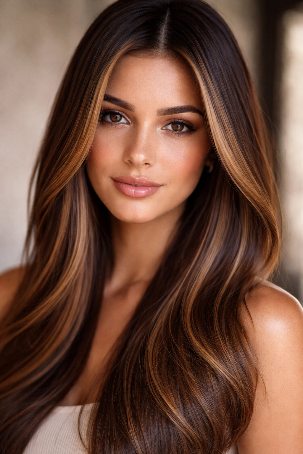 Close-up of straight hair with caramel highlights creating warm halo around the face.