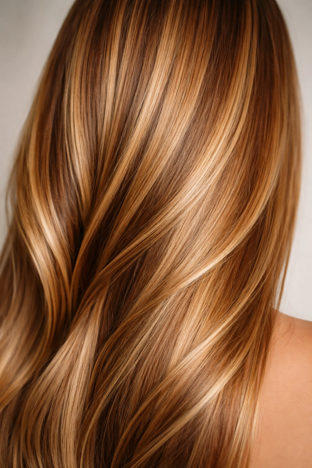 Close-up of straight hair with caramel and honey blonde gradient with depth and shine