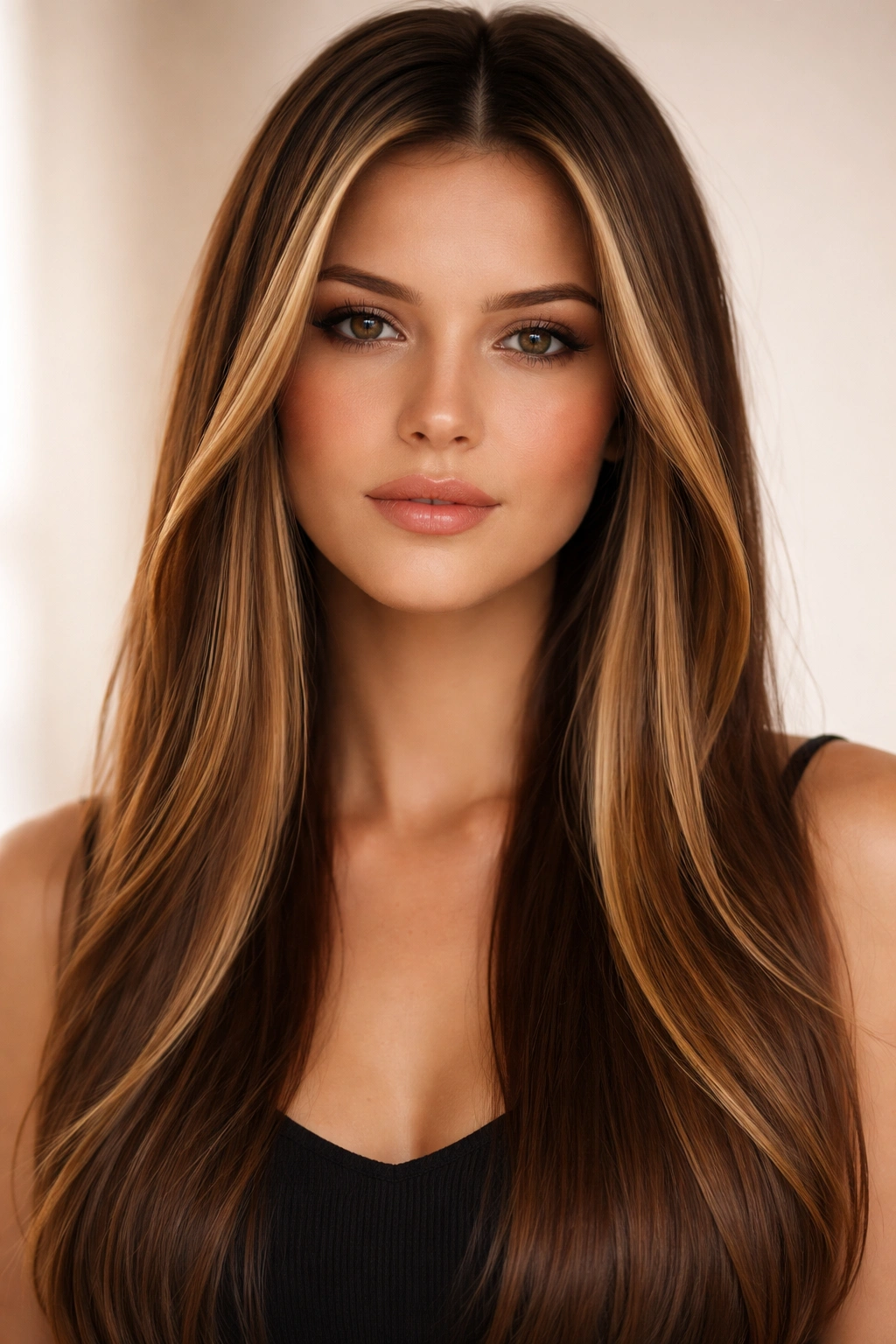 Close-up of straight hair showing caramel money pieces framing the face at the temples